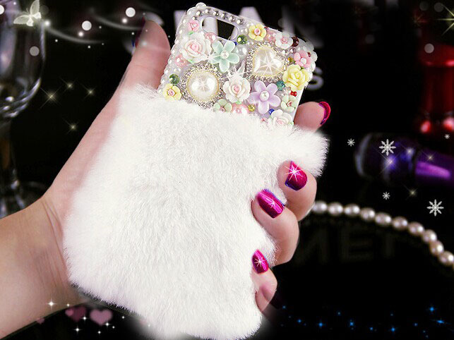 6s Plus 6c Beautiful White Fur Floral Pearl Diamond Hard Back Mobile Phone Case Cover Bling Girly Rhinestone Case Cover For Iphone 4 4s 5 7 5s 6