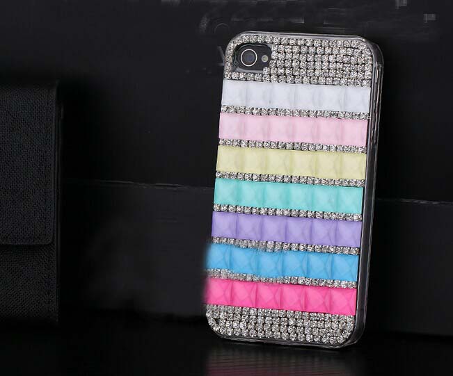 6c 6s Plus Rainbow Block Rhinestone Hard Back Mobile Phone Case Cover Sparkly Handmade Crystal Case Cover For Iphone 4 4s 5 7plus 5s 6 6 Plus