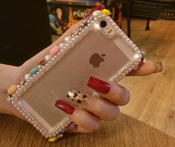 6c 6s Plus 2016 ! Floral Pearl Rhinestone Hard Back Mobile Phone Case Cover Sparkly Handmade Girly Case Cover For Iphone 4 4s 5 7 5s 6 6 Plus