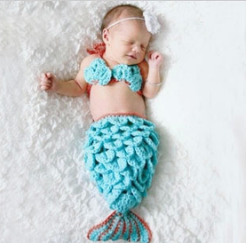 Blue Three-piece Mermaid Hand Knitted Wool Clothes Photo Prop One Hundred Days Newborn Baby Photography Baby Clothes Joker Pictures Clothes