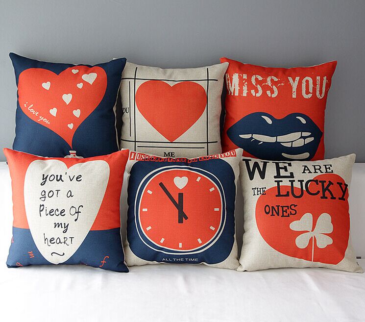 High Quality 6 Pcs A Set Red And Blue Heart Printed Cotton Linen Home Accesorries Soft Comfortable Pillow Cover Cushion Cover 45cmx45cm