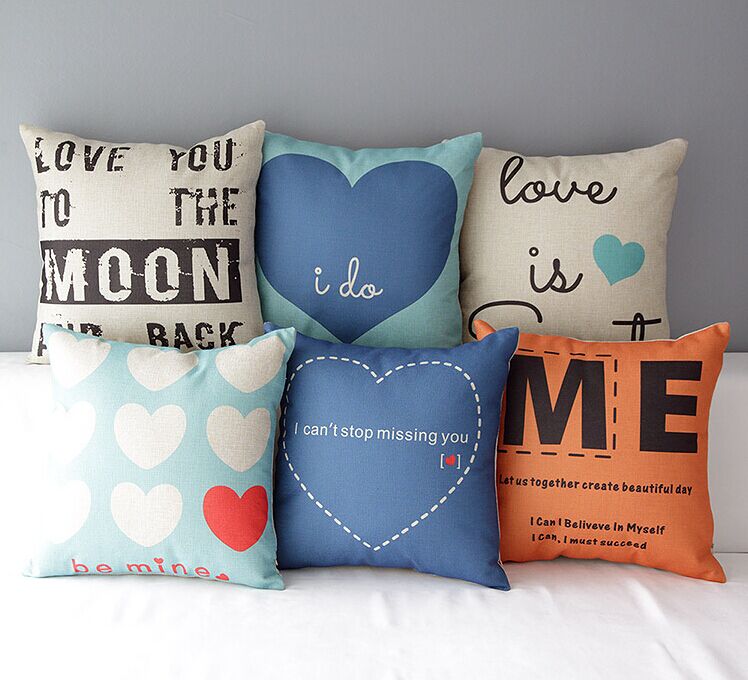 High Quality 6 pcs a set Blue Heart Series Printed Cotton Linen Home Accesorries soft Comfortable Pillow Cover Cushion Cover 45cmx45cm