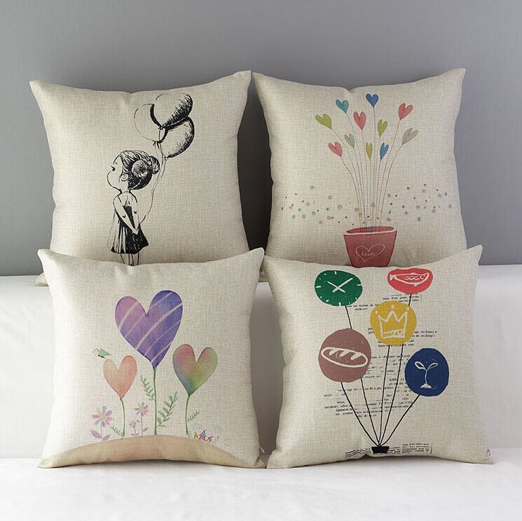High Quality 4 pcs a set Girl flowers and balloons Cotton Linen Home Accesorries soft Comfortable Pillow Cover Cushion Cover 45cmx45cm