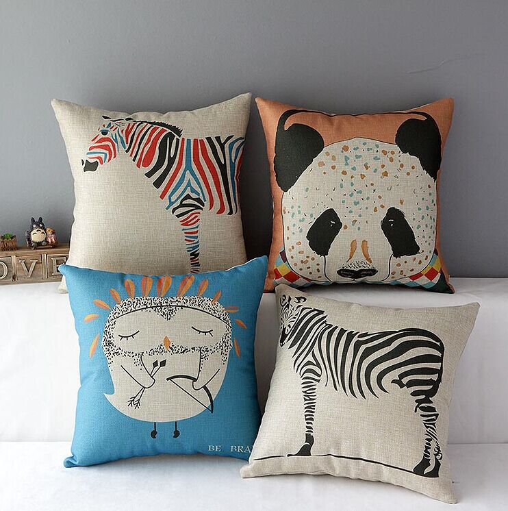 High Quality 4 Pcs A Set Animals Cotton Linen Home Accesorries Soft Comfortable Pillow Cover Cushion Cover 45cmx45cm