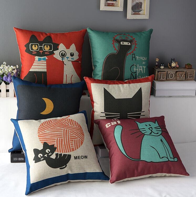 High Quality 6 Pcs A Set Cat Printed Cotton Linen Home Accesorries Soft Comfortable Pillow Cover Cushion Cover 45cmx45cm