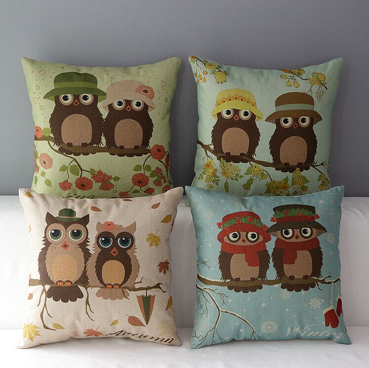 High Quality 4 Pcs A Set Owl Seasons Cotton Linen Home Accesorries Soft Comfortable Pillow Cover Cushion Cover 45cmx45cm
