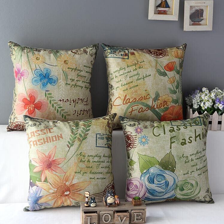 High Quality 4 Pcs A Set Hand-painted Flowers Cotton Linen Home Accesorries Soft Comfortable Pillow Cover Cushion Cover 45cmx45cm