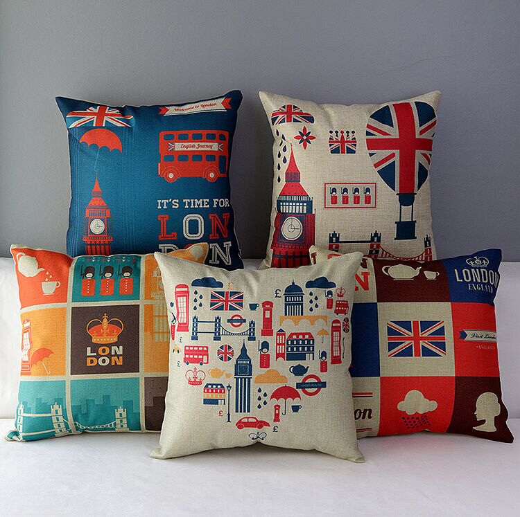 High Quality 5 Pcs A Set British Style Printed Cotton Linen Home Accesorries Soft Comfortable Pillow Cover Cushion Cover 45cmx45cm