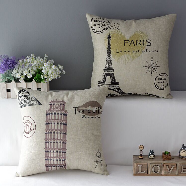 High Quality 2 Pcs A Set Stamp Tower Cotton Linen Home Accesorries Soft Comfortable Pillow Cover Cushion Cover 45cmx45cm