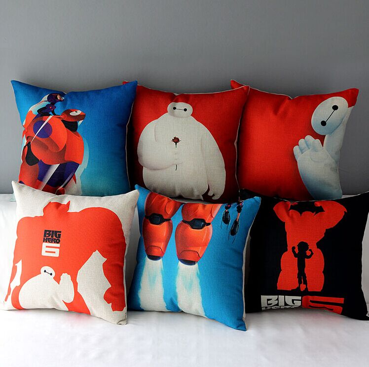 High Quality 6 pcs a set Big hero Printed Cotton Linen Home Accesorries soft Comfortable Pillow Cover Cushion Cover 45cmx45cm