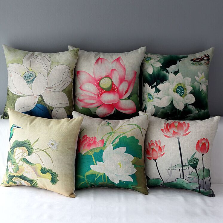 High Quality 6 Pcs A Set Lotus Printed Cotton Linen Home Accesorries Soft Comfortable Pillow Cover Cushion Cover 45cmx45cm