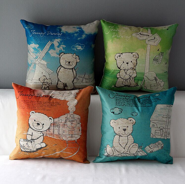 High Quality 4 Pcs A Set Bear Cotton Linen Home Accesorries Soft Comfortable Pillow Cover Cushion Cover 45cmx45cm