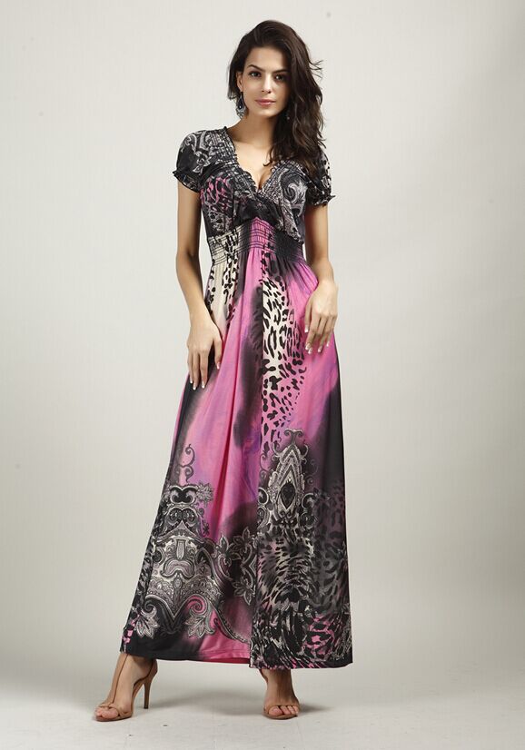 V-neck Summer Beach Dress Bohemian Dress Leopard Mopping Large Size Ice Silk Dress
