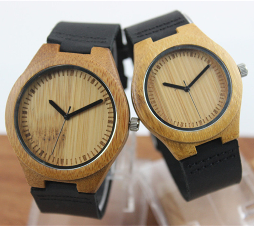 Bamboo Black Leather Quartz Watch Laser Scale Male And Female Couple Table