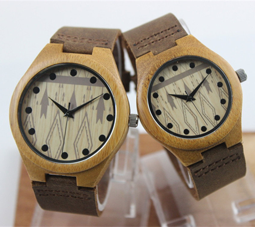 Casual male and female couple big dial bamboo wood watch really belt