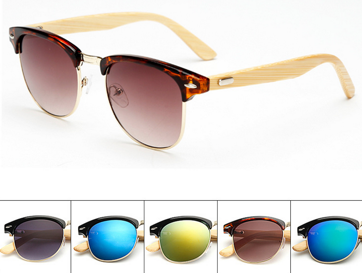 Half Frame Metal Nose Bridge Glasses Bamboo Leg Sunglasses Uv400 Retro Glasses