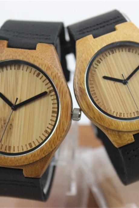 Bamboo black leather quartz watch laser scale male and female couple table