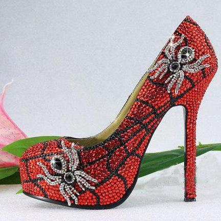 Handmade Glitter Red Crystal Bridal Shoes Bling Rhinestone Party Prom Shoes Luxury Spider Shoes Platforms Wedding Pumps