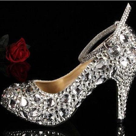 Customized Silvery White Crystal Strap Wedding Pump Shoes Women's ...