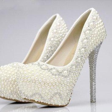 Pearl High Heels Party Prom Shoes Rhinestone White Crystal Bridal ...