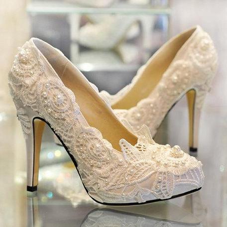 High Quality Stitching Lace Imitation Pearl Wedding Shoes For Women Honeymoon Gift for friend Wife Daughter