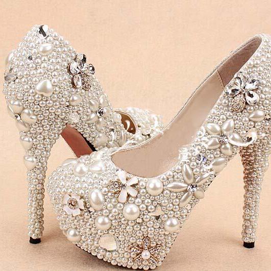 2015 Customized Wedding Shoes High Heels Pearl Flower Bridal Shoes ...