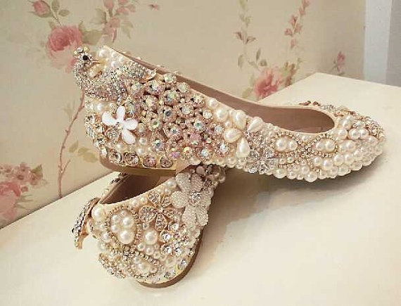 Sparkling Rhinestone Crystal Bridal Shoes Flat Heel Women Luxury Flats ...