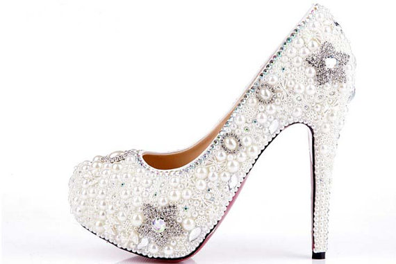 Elegant Wedding Bridal Shoes Rhinestone With Imitation Pearl Floral Red ...