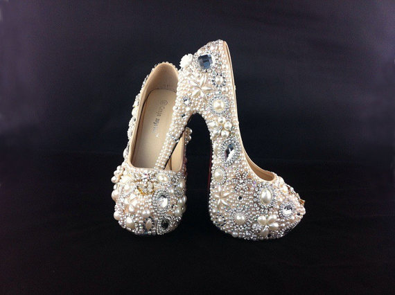 Red Bottom Ivory Pearl Wedding Shoes High Heels Rhinestone Bridal Shoes ...